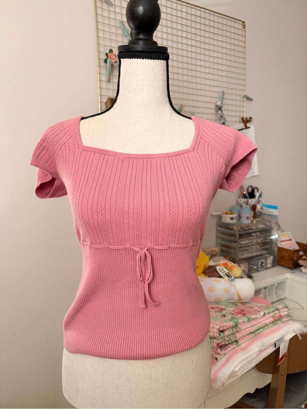 Hollister Dusty Pink Ribbed Square-Neck Tie-Waist Sweater Top